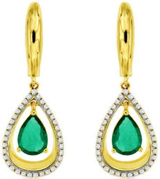 1.55CT DIAMOND & AAA EMERALD 14K YELLOW GOLD PEAR SHAPE & ROUND HANGING EARRINGS