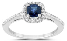 .75CT DIAMOND & AAA SAPPHIRE 14KT WHITE GOLD 3D CUSHION & ROUND ENGAGEMENT RING