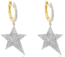 ESTATE .96CT DIAMOND 14K YELLOW GOLD 3D CLASSIC STAR FUN HUGGIE HANGING EARRINGS