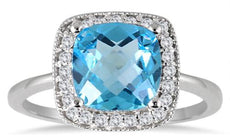 1.88CT DIAMOND & AAA BLUE TOPAZ 14KT WHITE GOLD CUSHION & ROUND SQUARE HALO RING