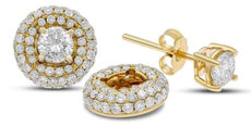 LARGE 1.98CT DIAMOND 14KT YELLOW GOLD 3D SOLITAIRE 3 ROW STUD JACKET EARRING SET