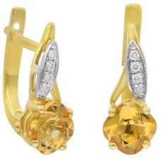 1.77CT DIAMOND & AAA CITRINE 14K 2 TONE GOLD 3D CUSHION & ROUND HANGING EARRINGS