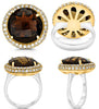 LARGE 10.88CT DIAMOND & AAA SMOKY TOPAZ 18KT 2 TONE GOLD ROUND DOUBLE HALO RING