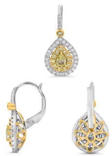 1.22CT WHITE & FANCY YELLOW DIAMOND 18K 2 TONE GOLD DOUBLE HALO HANGING EARRINGS