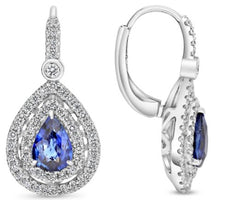2.09CT DIAMOND & AAA SAPPHIRE 18KT WHITE GOLD PEAR SHAPE & ROUND HALO EARRINGS