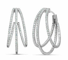 ESTATE LARGE 2.55CT DIAMOND 18K WHITE GOLD 3D MULTI ROW INSIDE OUT HOOP EARRINGS
