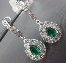 ESTATE 1.32CT DIAMOND & AAA EMERALD 18K WHITE GOLD 3D TEAR DROP HANGING EARRINGS