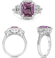 3.82CT DIAMOND & AAA PINK SAPPHIRE PLATINUM EMERALD CUT & TRAPEZOID 3 STONE RING