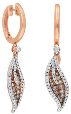 .99CT WHITE & CHOCOLATE FANCY DIAMOND 14KT ROSE GOLD 3D LEAF HUGGIE FUN EARRINGS