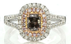 1.0CT WHITE PINK & MOCHA DIAMOND 18K WHITE & ROSE GOLD CUSHION FRIENDSHIP RING