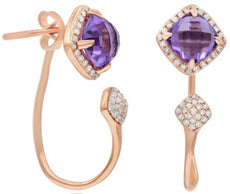 2.38CT DIAMOND & AAA AMETHYST 14KT ROSE GOLD 3D CUSHION & ROUND HANGING EARRINGS