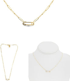 ESTATE .12CT DIAMOND 14KT YELLOW GOLD ROUND CLASSIC SAFETY PIN FUN LOVE NECKLACE