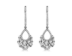 .89CT DIAMOND 14K WHITE GOLD ROUND & BAGUETTE CLUSTER TEAR DROP HANGING EARRINGS