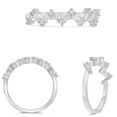 .32CT DIAMOND 14KT WHITE GOLD 3D ROUND & BAGUETTE ZIG ZAG V SHAPE FUN RING