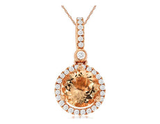 1.43CT DIAMOND & AAA MORGANITE 14K ROSE GOLD CLASSIC ROUND HALO FLOATING PENDANT