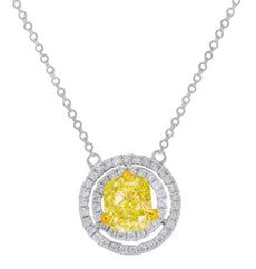 1.39CT WHITE & FANCY YELLOW DIAMOND 18K WHITE GOLD DOUBLE HALO FUN LOVE NECKLACE