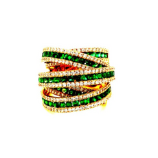 3.92CT DIAMOND & AAA EMERALD 18KT YELLOW GOLD 3D MULTI ROW CRISS CROSS FUN RING
