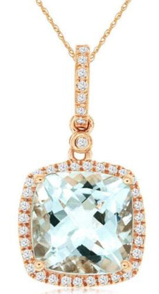 3.56CT DIAMOND & AAA AQUAMARINE 14KT ROSE GOLD CUSHION & ROUND FLOATING PENDANT