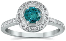 .69CT WHITE & BLUE DIAMOND 14KT WHITE GOLD 3D ROUND 6 PRONG HALO ENGAGEMENT RING