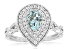 1.1CT DIAMOND & AAA AQUAMARINE 14KT WHITE GOLD 3D DOUBLE HALO INFINITY LOVE RING