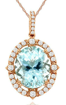 4.38CT DIAMOND & AAA AQUAMARINE 14KT ROSE GOLD 3D OVAL & ROUND FLOATING PENDANT