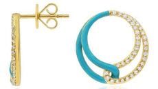 .32CT DIAMOND & TURQUOISE ENAMEL 14KT YELLOW GOLD DOUBLE CIRCULAR FUN EARRINGS