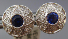ESTATE .55CT DIAMOND & AAA SAPPHIRE 18K WHITE GOLD FLOWER FILIGREE STUD EARRINGS