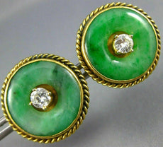 ANTIQUE LARGE .60CT OLD MINE DIAMOND & AAA JADE 14KT YELLOW GOLD BUTTON EARRINGS