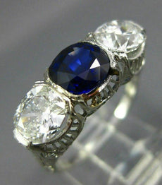 ANTIQUE LARGE 3.72CT DIAMOND & SAPPHIRE PLATINUM 3D 3 STONE OVAL ENGAGEMENT RING