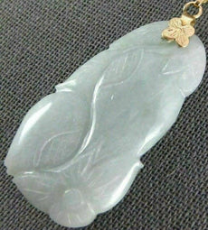 ANTIQUE LARGE AAA JADE 14KT YELLOW GOLD 3D HAND ETCHED FLOWER LUCKY PENDANT