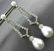 ESTATE 1.36CT DIAMOND & AAA SOUTH SEA PEARL 14K WHITE GOLD DROP HANGING EARRINGS