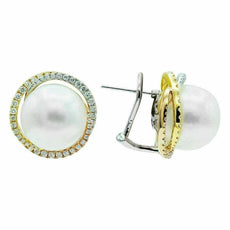 ESTATE LARGE 1CT DIAMOND & AAA SOUTH SEA PEARL 18K TRI COLOR GOLD SWIRL EARRINGS