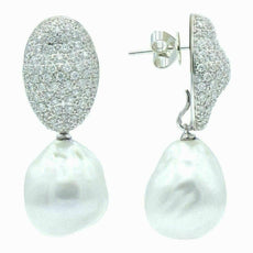 ESTATE LARGE 2.1CT DIAMOND & AAA SOUTH SEA PEARL 18K WHITE GOLD CLUSTER EARRINGS