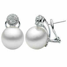 LARGE .54CT DIAMOND & SOUTH SEA PEARL 18K WHITE GOLD 3D CLUSTER CLIP ON EARRINGS