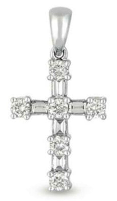 .37CT DIAMOND 14KT WHITE GOLD 3D CLASSIC ROUND & BAGUETTE CROSS FLOATING PENDANT