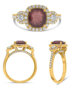 3.18CT DIAMOND & AAA RUBY 18KT YELLOW GOLD CUSHION & ROUND HALO ENGAGEMENT RING