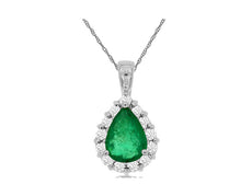 1.42CT DIAMOND & AAA EMERALD 14KT WHITE GOLD PEAR SHAPE & ROUND FLOATING PENDANT