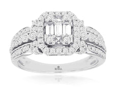 .85CT DIAMOND 14K WHITE GOLD 3D ROUND & BAGUETTE CLUSTER SQUARE ANNIVERSARY RING