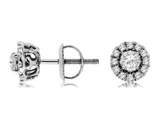 .50CT DIAMOND 14KT WHITE GOLD ROUND SOLITAIRE HALO FILIGREE FLOWER STUD EARRINGS