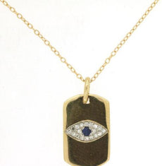 .09CT DIAMOND & AAA SAPPHIRE 14KT YELLOW GOLD RECTANGULAR EVIL EYE LUCKY PENDANT