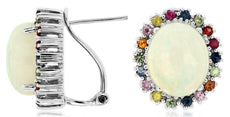 6.80CT AAA SAPPHIRE & OPAL 14KT WHITE GOLD OVAL & ROUND CLIP ON HANGING EARRINGS