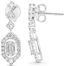 .73CT DIAMOND 14KT WHITE GOLD ROUND & BAGUETTE CLUSTER OCTAGON HANGING EARRINGS