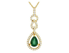.84CT DIAMOND & AAA EMERALD 14K YELLOW GOLD ROUND & PEAR SHAPE LOVE KNOT PENDANT
