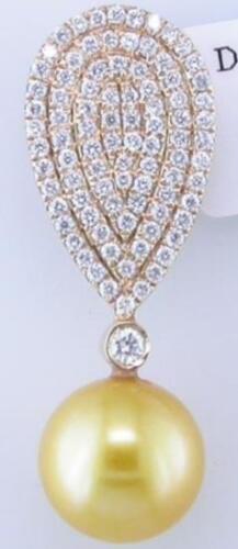 .49CT DIAMOND & AAA GOLDEN SOUTH SEA PEARL 14KT ROSE GOLD TEAR DROP LOVE PENDANT