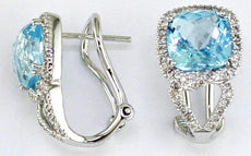 6.32CT DIAMOND & AAA BLUE TOPAZ 14KT WHITE GOLD CUSHION & ROUND HANGING EARRINGS