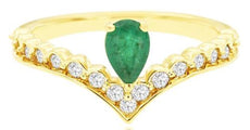 .75CT DIAMOND & AAA EMERALD 14KT YELLOW GOLD PEAR SHAPE & ROUND CROWN FUN RING