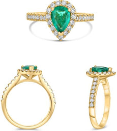 1.02CT DIAMOND & AAA EMERALD 18KT YELLOW GOLD PEAR SHAPE & ROUND ENGAGEMENT RING