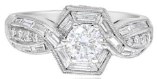1.62CT DIAMOND 18K WHITE GOLD ROUND & BAGUETTE CRISS CROSS FILIGREE OCTAGON RING