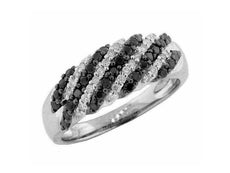 .55CT WHITE & BLACK DIAMOND 14KT WHITE GOLD MULTI ROW DIAGONAL ANNIVERSARY RING
