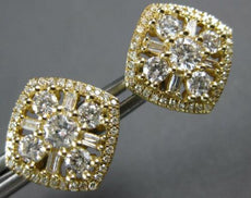 LARGE 1.36CT DIAMOND 14KT YELLOW GOLD 3D ROUND & BAGUETTE FLOWER STUD EARRINGS